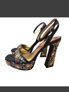 Y2K Glam Party Gianni Bini Embellished Platform Heels Rhinestone Block Heel 7.5